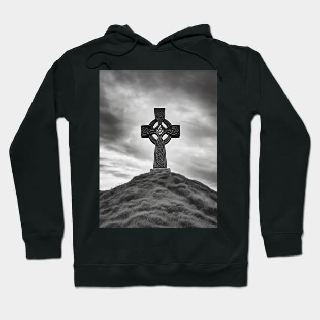 Ancient Stone Celtic Cross on a hill with the Sun shining through the cross in black and white. Hoodie by DesignsbyZazz